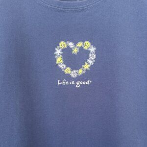 Life is Good T-Shirt Women's Large Blue Crusher Tee Heart Seashell Short Sleeve